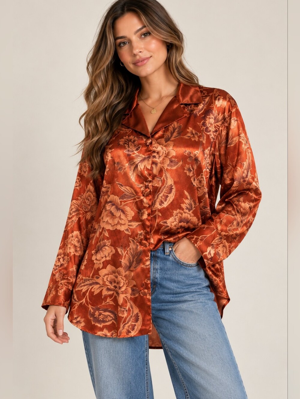 Vintage Jacqueline’s Studio Satin Floral Button Front Blouse Tunic Large